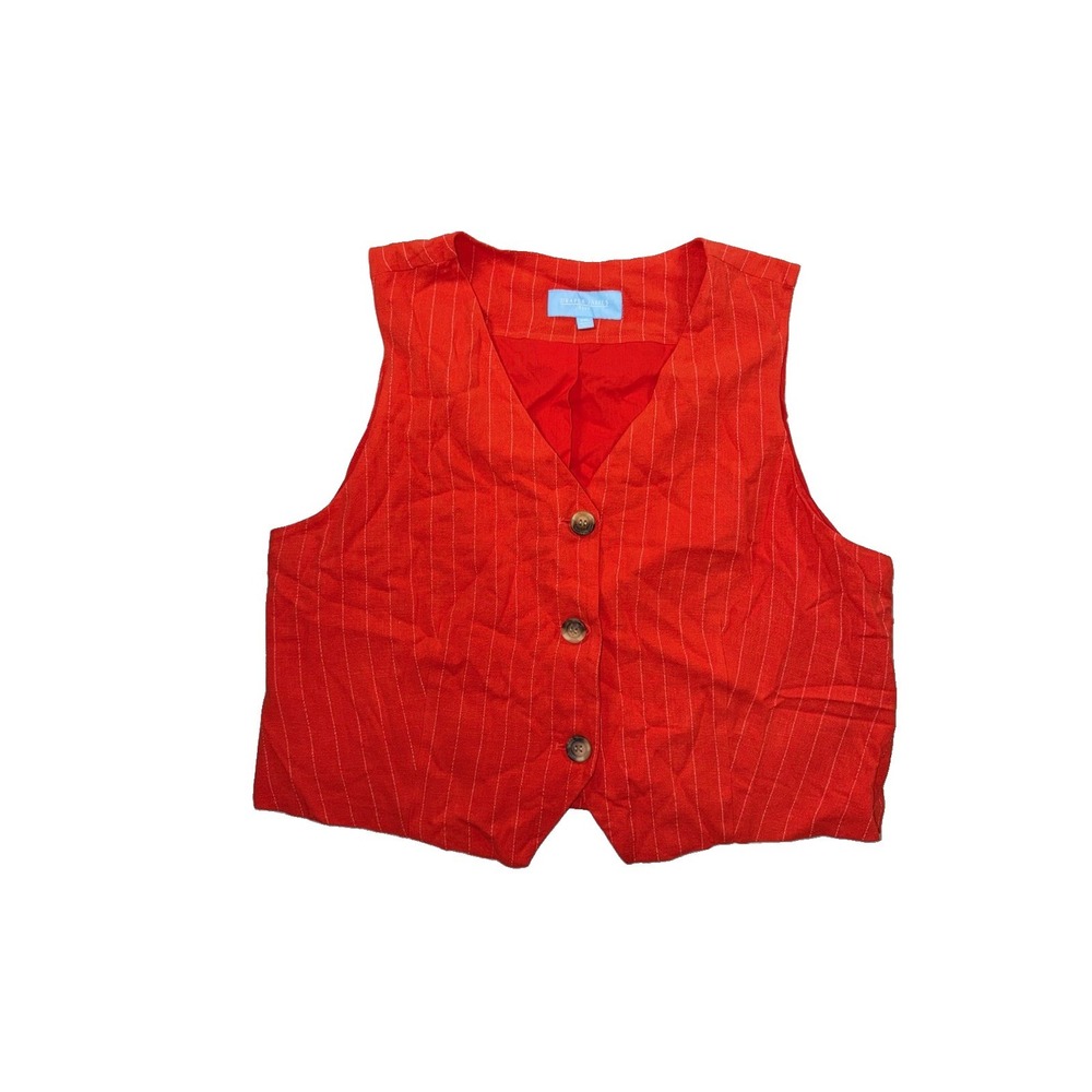Draper James Linen Vest Red Stripe V-neck Button Front Linen Blend Size XXL